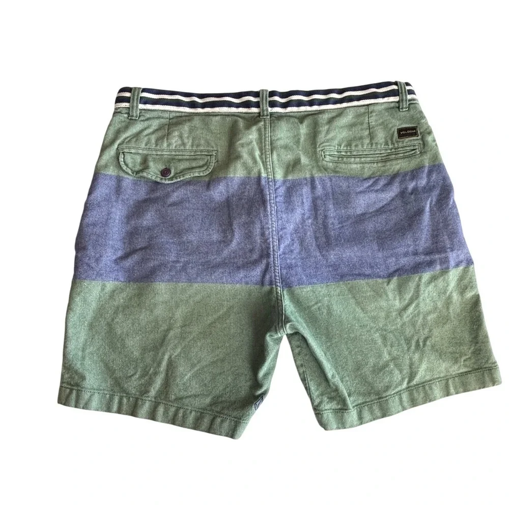Volcom‎ Mens Chino Shorts Size 38 Green Blue Colorblock Striped Twill Skate Surf